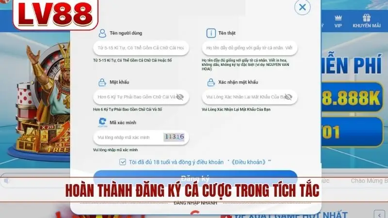 Hoàn thành đăng ký cá cược trong tích tắc