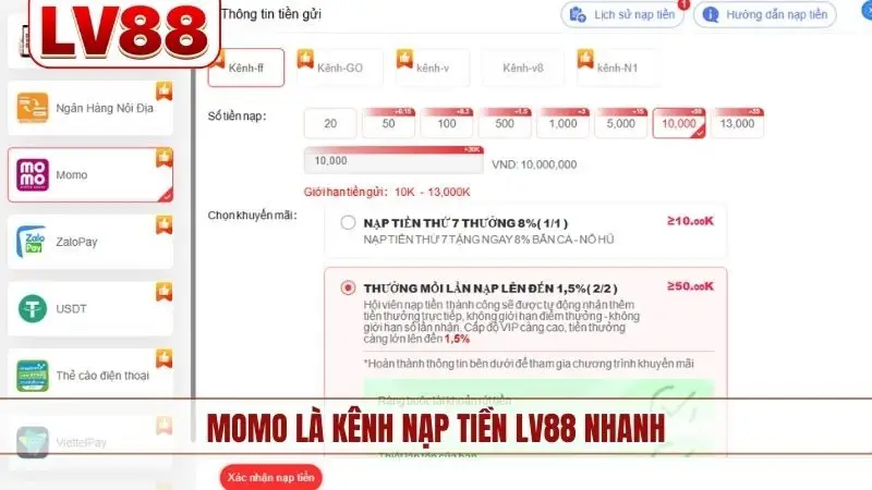 Momo là kênh nạp tiền LV88 nhanh